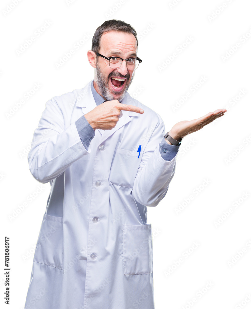 Middle age senior hoary professional man wearing white coat over isolated background amazed and smiling to the camera while presenting with hand and pointing with finger.