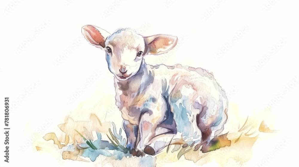  Lamb sitting on ground, flower in mouth, gazes at camera