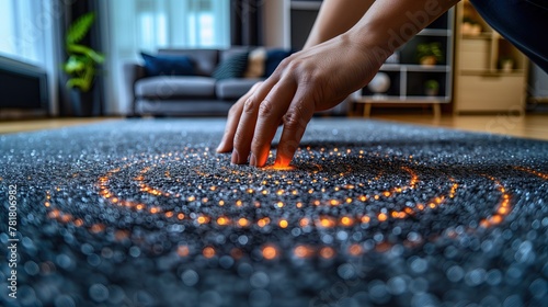 Hand touching the carpet, checking cleanliness There are digital dots that appear all around. Using technology to help