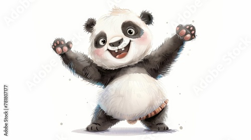  A black-and-white panda stands on hind legs, arms elevated, paws raised