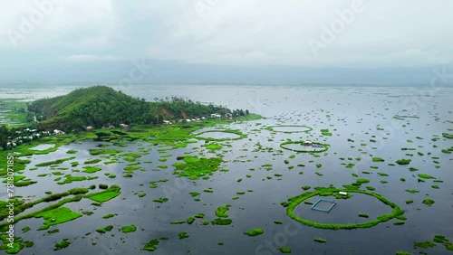 Aerial view loktak lake is the largest freshwater lake and thanga village in India as well as the largest lake in manipur north east India.