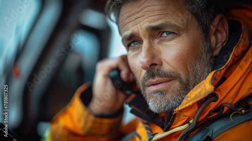 handsome middle aged male paramedic talking by portable radio while sitting in ambulance. photo