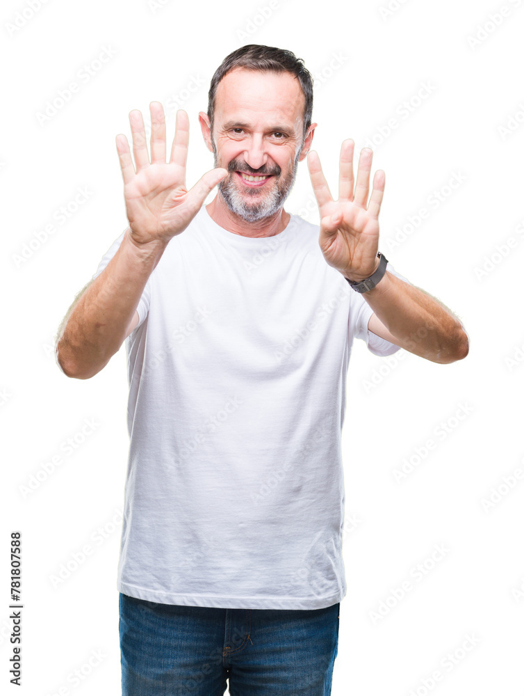 Middle age hoary senior man wearing white t-shirt over isolated background showing and pointing up with fingers number nine while smiling confident and happy. Middle age hoary senior man wearing white t-shirt over isolated background showing and pointing up with fingers number nine while smiling confident and happy.