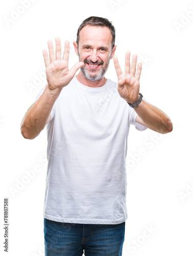 Middle age hoary senior man wearing white t-shirt over isolated background showing and pointing up with fingers number nine while smiling confident and happy. © Krakenimages.com