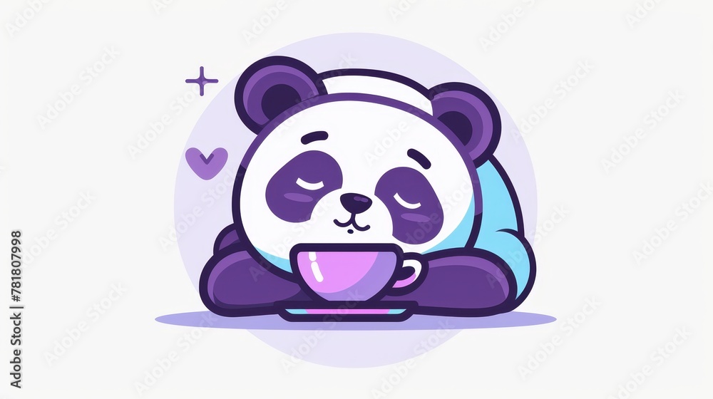   A panda sips coffee from a cup, seated on a plush pillow Its head rests on the saucer