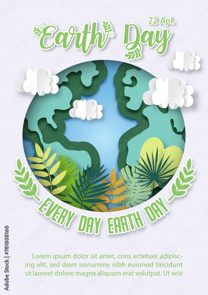 Poster campaign's of Earth day in paper cut out style and vector design with Earth day wording and slogan, example texts on white paper pattern background.