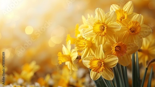   A field filled with yellow daffodils, blooming among yellow daffodils