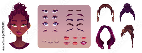 African woman avatar construction kit with different face elements. Cartoon vector illustration set of young female character head parts for custom generator - haircuts, lips and noses, eyes and brows