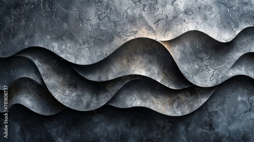  A monochrome image of a wall adorned with wavy patterns, culminating in a light situated at its termination