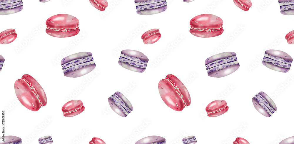Seamless pattern Macaroons. Pink and Violet Macaroons. Watercolor illustration. white background. for menu, cookbooks, blogs, recipes, kitchen textiles, card, invitation, wallpaper, flayers