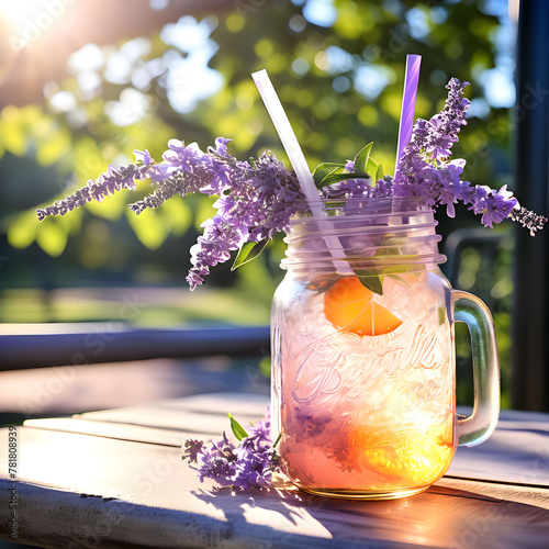 vintage mason jar filled with peach and lavender tea pulpy texture captures summer garden essence photo