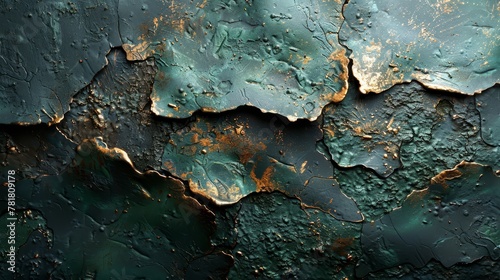  A tight shot of metal bearing green paint and gilded gold foil atop