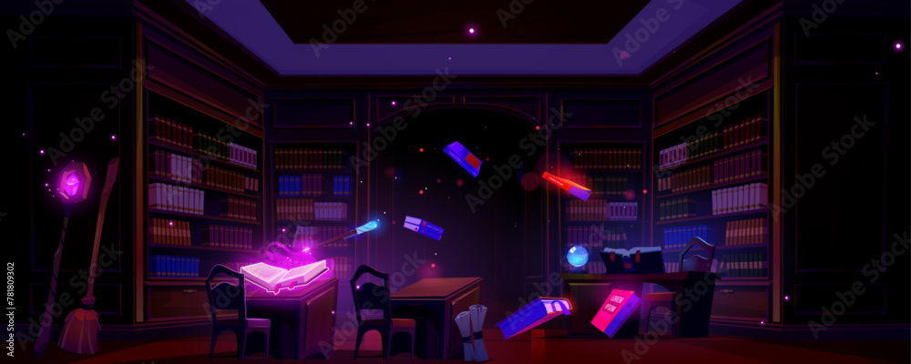 Magic library for wizard and witch education with flying glowing books and wands, bookshelves and wooden desks. Cartoon vector fantasy fairy tale or game mystery room interior with literature. - obrazy, fototapety, plakaty 