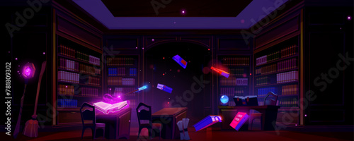 Magic library for wizard and witch education with flying glowing books and wands, bookshelves and wooden desks. Cartoon vector fantasy fairy tale or game mystery room interior with literature.