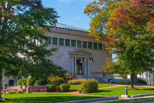 Franklin Public Library in fall at 118 Main Street in historic town center of Franklin, Massachusetts MA, USA. This library is the first and oldest public library in the US. 