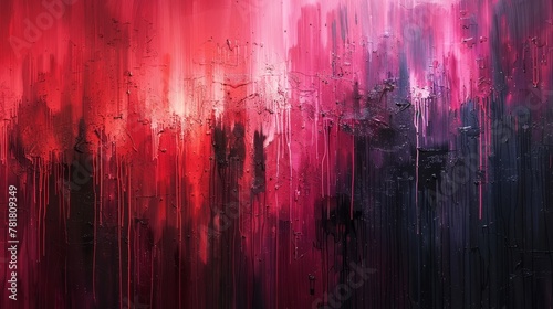  A red and purple painting against a black-and-white backdrop featuring cascading water droplets