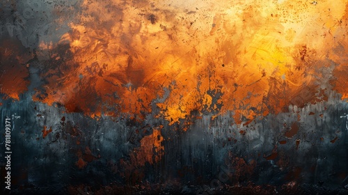  A painting featuring orange and yellow hues against a black-and-white background, with a grungy texture in the lower half