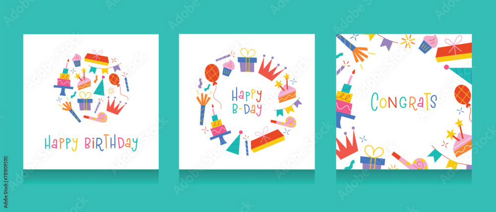 Birthday cards for kids. Greeting card template with hand lettering, vector arrangement with gift boxes, cake. Happy birthday childish poster set, collection of cute postcard design for party