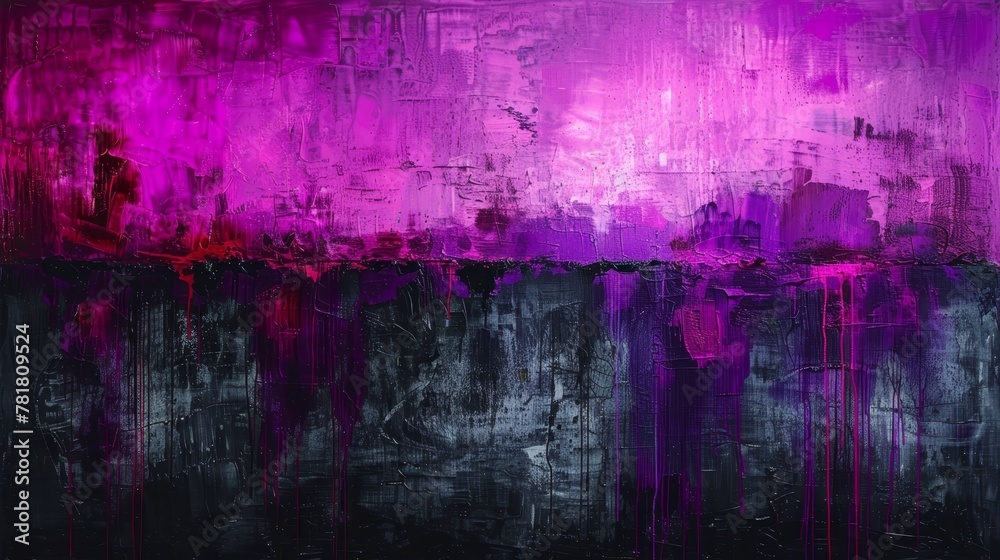   A painting features a black and purple background, upon which purple and black paint is applied Beneath, a white stripe runs along the bottom edge