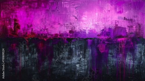  A painting features a black and purple background, upon which purple and black paint is applied Beneath, a white stripe runs along the bottom edge