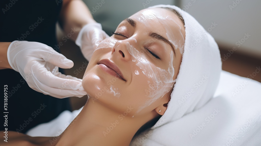 Woman in mask in beauty spa salon wearing white towel