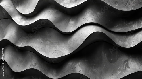  A monochrome image of a wave-like texture on a building's facade, dotted with raindrops