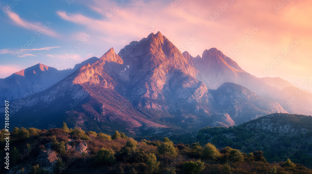 This stunning image captures the essence of majestic mountain range bathed in the warm glow of a pink sunset, highlighting nature's grandeur