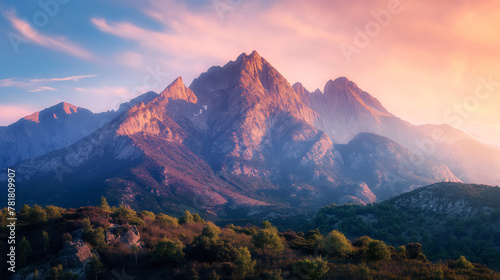 This stunning image captures the essence of majestic mountain range bathed in the warm glow of a pink sunset, highlighting nature's grandeur