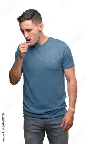 Handsome young casual man feeling unwell and coughing as symptom for cold or bronchitis. Healthcare concept.