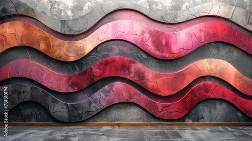  A room's wall features a large wave pattern painting The floor is made of wood and lies in front of it