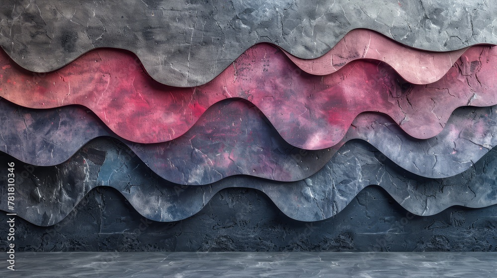   A painting of a wave on a wall in a room with a concrete floor and pink-grey painted walls