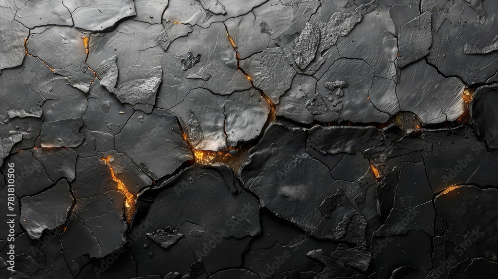 A tight shot of black and gold paint against a white and black backdrop, displaying yellow light streaks emanating from its cracks A tight shot of black and gold paint against a white and black backdrop, displaying yellow light streaks emanating from its cracks