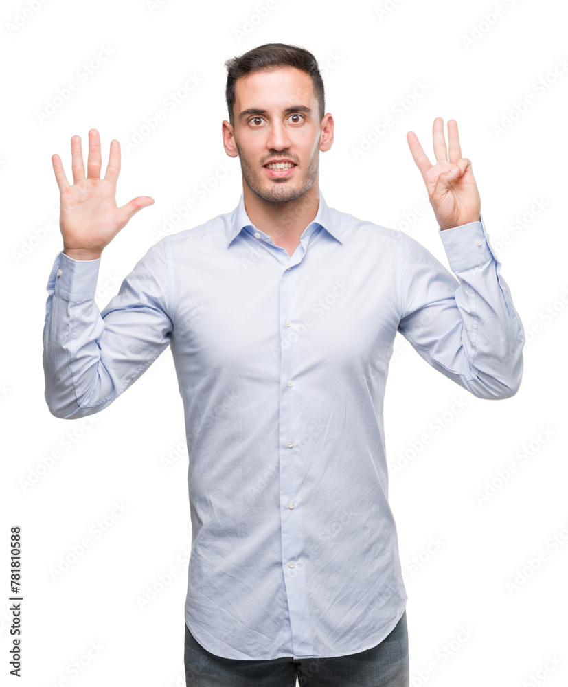Handsome young businessman showing and pointing up with fingers number eight while smiling confident and happy.