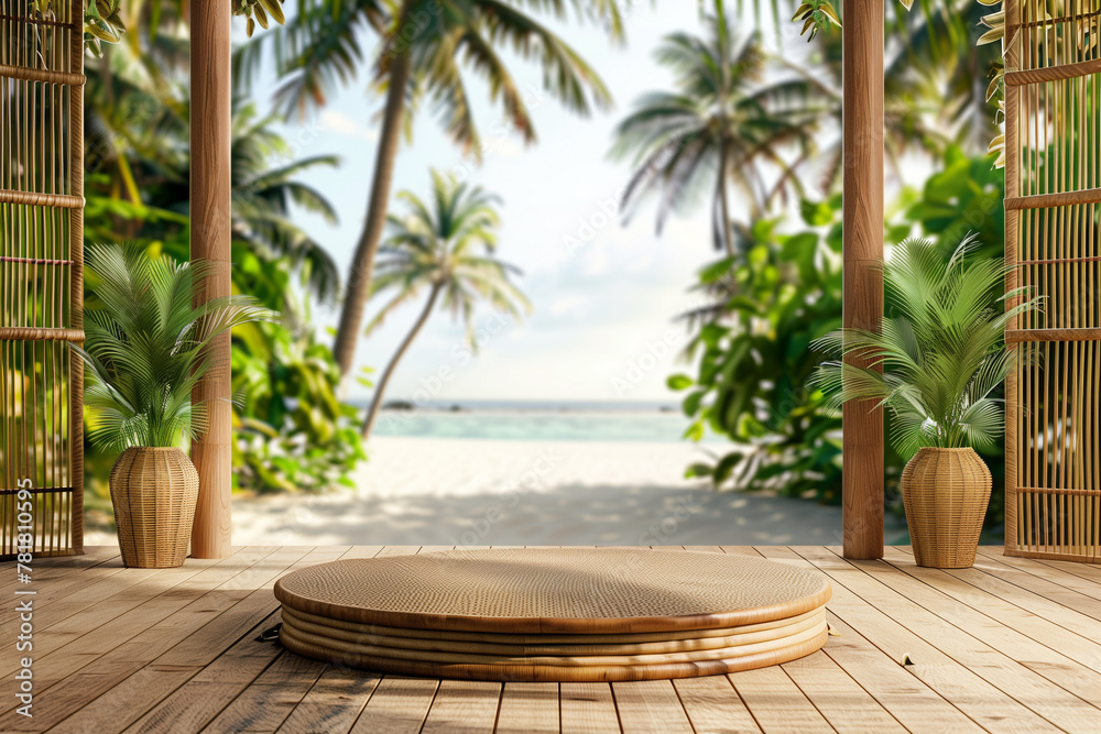 Fototapeta premium Tropical beach view with bohemian rattan podium surrounded by palm trees and warm sunlight for product display montage.