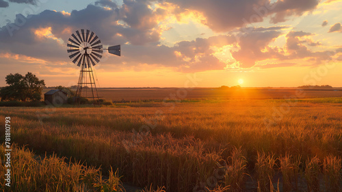 A vivid sunset casting a warm glow over a country field, with a traditional windmill silhouetted against the radiant sky