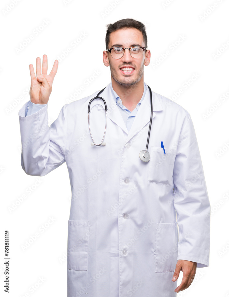 Handsome young doctor man showing and pointing up with fingers number four while smiling confident and happy. Handsome young doctor man showing and pointing up with fingers number four while smiling confident and happy.