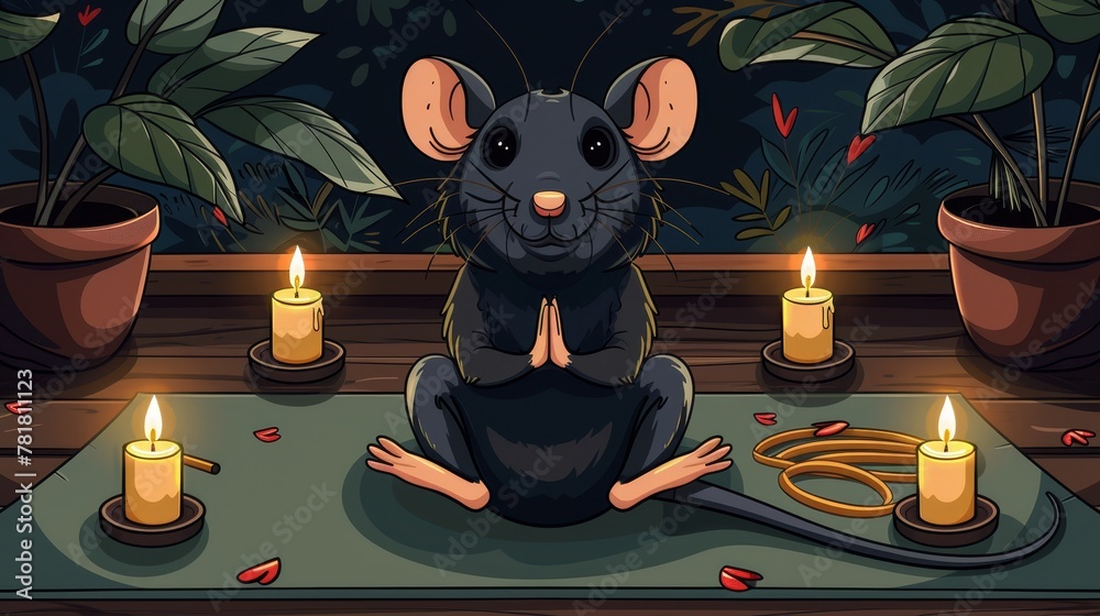   A rat sits on a mat, encircled by candles and potted plants, facing a dark room adorned with similar vegetation