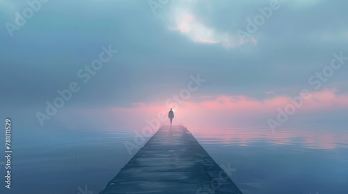 A distant figure walking along a deserted pier at dawn, the first light of morning painting the sky in soft hues,