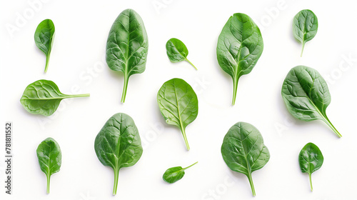 Fresh spinach leaves spread on white surface, top view. Pristine green spinach, with leaves fanned out, showcasing various shades and veins, ideal for health and nutrition use, cooking instructions photo