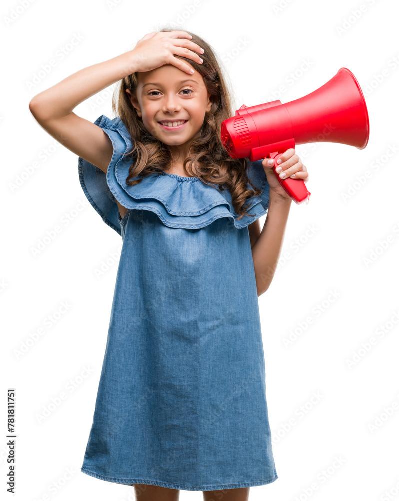 Brunette hispanic girl holding red megaphone stressed with hand on head, shocked with shame and surprise face, angry and frustrated. Fear and upset for mistake. Brunette hispanic girl holding red megaphone stressed with hand on head, shocked with shame and surprise face, angry and frustrated. Fear and upset for mistake.