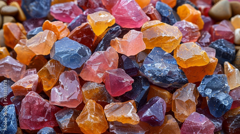 A multicolored rock pile atop a table, with another rock pile resting on top A multicolored rock pile atop a table, with another rock pile resting on top