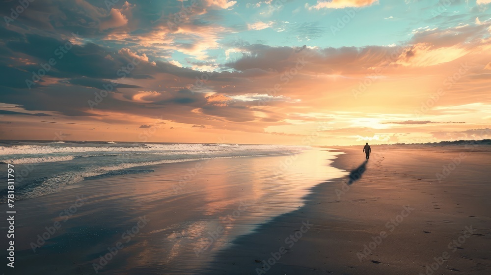A distant figure walking along a deserted beach at sunset, the vast expanse of the ocean stretching out before them,