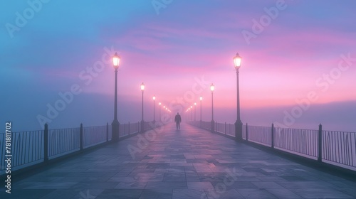 A distant figure walking along a deserted pier at dawn, the first light of morning painting the sky in soft hues,