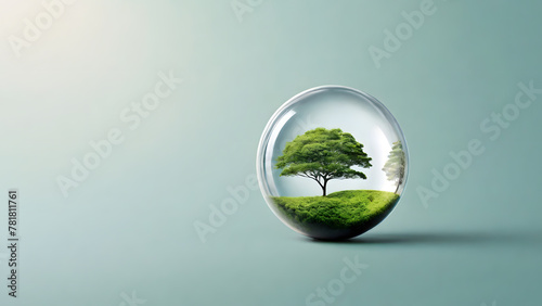 A tree placed on a serene grassland, nested in a glass globe or ball set against a gray-green backdrop. The minimalist style and copy space. photo