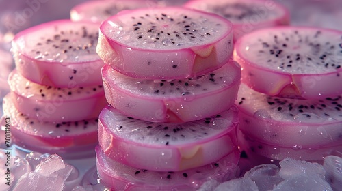  A table holds Kiwi slices atop ice cubes in a stack