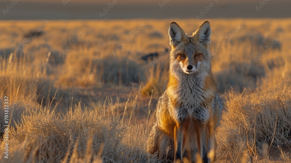 Fototapeta premium A tight shot of a fox in a golden field of dried grass, basking in the sunlight as it illuminates its face