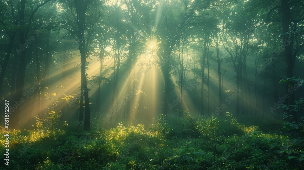 A forest teeming with numerous trees and abundant sunlight filtering through their sides A forest teeming with numerous trees and abundant sunlight filtering through their sides