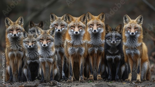  A group of foxes stands together on a dirt field, facing a wooded area