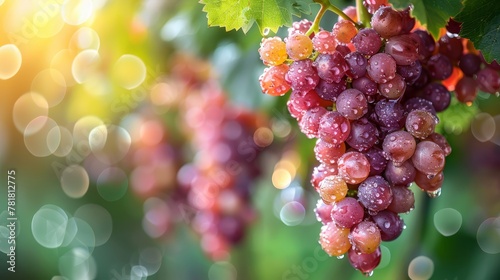  A tight shot of grapes bunched together on a vine, with dewdrops glistening on them against a softly blurred backdrop