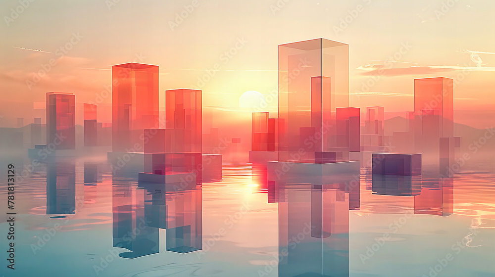Modern City Skyline at Sunset, Urban Architecture and Skyscrapers, Panoramic View with Reflective Water, Travel Destination
